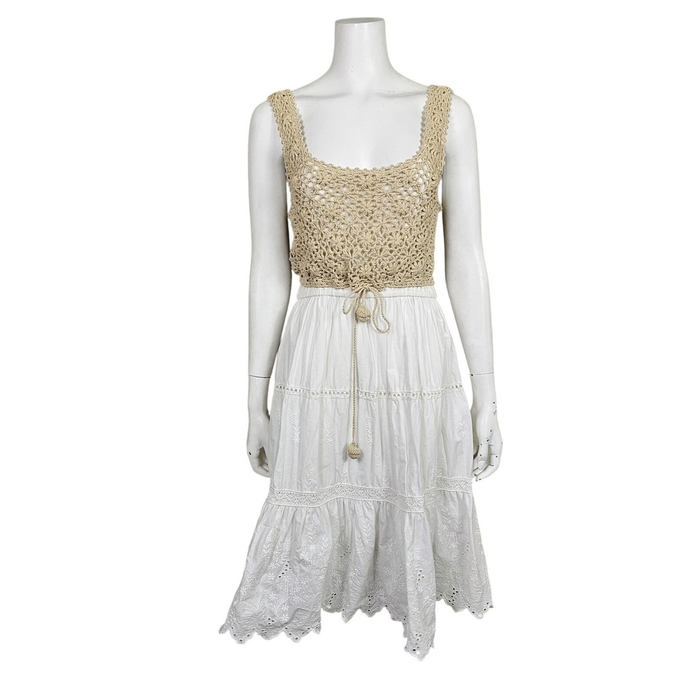 Anthropologie Beckett Beige Crochet Dress Womens S White Eyelet Tiered Scoop